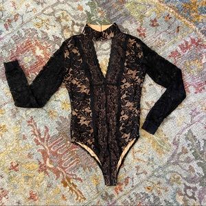 Black Lace & Natural Long Sleeve Body Suit
